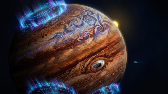 A sentient gas giant becoming self-aware, its storm bands reorganizing from chaotic weather into deliberate geometric thought patterns visible from space, the great spot