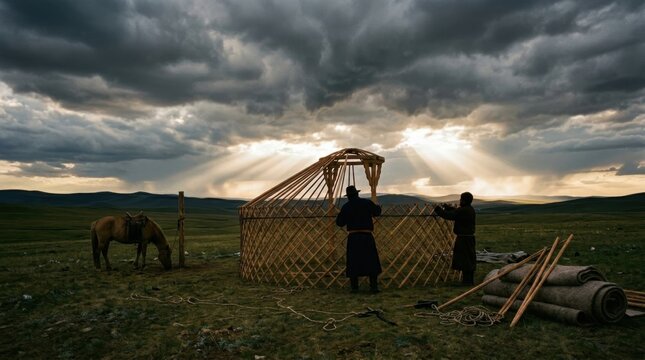 A traditional Mongolian ger being erected on open steppe by two silhouetted figures against a vast stormy sky, the wooden lattice framework half-assembled with felt