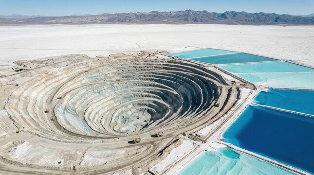 An open-pit lithium mine in a high-altitude salt flat photographed from a helicopter, concentric terraced ledges spiraling downward in shades of white grey and pale blue