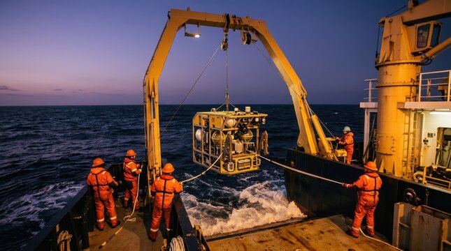 An oceanographic research vessel mid-deployment of a deep-sea lander, the large instrumented platform suspended from an A-frame crane over dark open ocean at dusk, deck