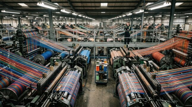 A textile mill weaving floor in full operation, hundreds of industrial looms running simultaneously filling the vast space with rhythmic mechanical motion, threads of