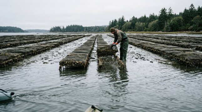 A commercial oyster farm at low tide seen from a kayak-level perspective, hundreds of wire mesh cages arranged in geometric rows across a shallow tidal estuary, the