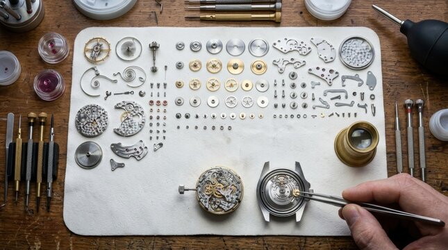 A precision watchmaker's workbench seen from directly above, a disassembled movement spread across a white chamois leather mat, dozens of hairspring-thin components