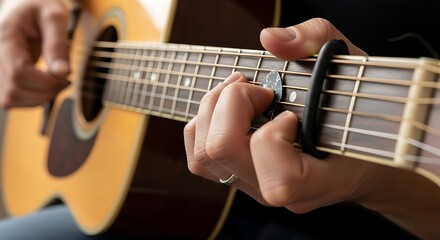 Obraz premium Guitarist playing acoustic instrument closeup
