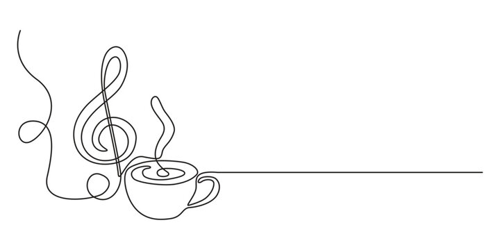 Neon cup of coffee with music notes. Coffee and Music concept. Line art. self drawing of continuous line draw Cup of coffee with musical notes.  Continuous line drawing Cup of coffee with musical note