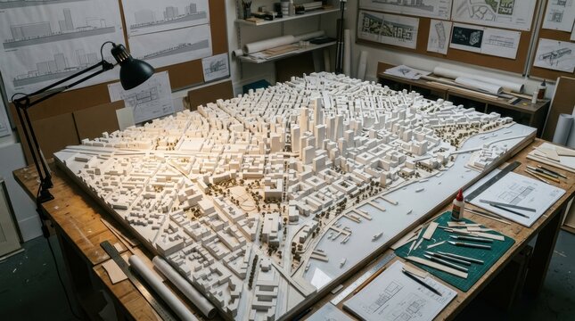 An architect's physical model workshop, a vast 1:200 scale urban masterplan model occupying the centre of a large studio table, the model built in white card and basswood