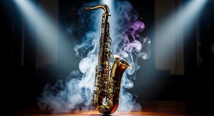 Obraz premium Golden saxophone stage lighting smoke