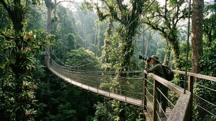 Obraz premium A jungle canopy walkway suspended forty meters above a primary rainforest floor, the rope and steel bridge curving gently through the mid-canopy level, giant emergent