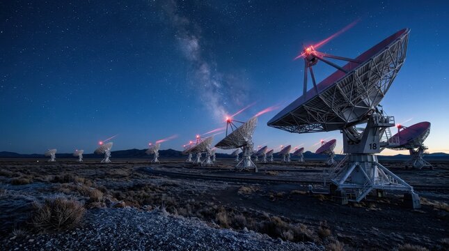 A series of enormous parabolic radio telescope dishes arranged across a high desert plateau at blue hour, their concave faces all tilted toward the same point in the