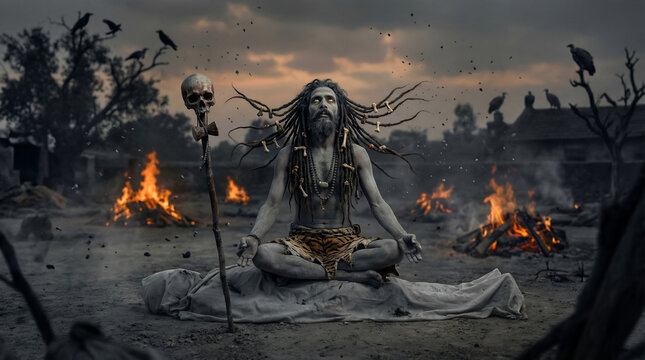 Aghori Sadhu Meditation in Cremation Ground with Ritual Fire