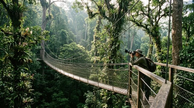 A jungle canopy walkway suspended forty meters above a primary rainforest floor, the rope and steel bridge curving gently through the mid-canopy level, giant emergent
