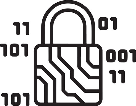 Digital security padlock icon with binary code silhouette for cybersecurity and data protection concepts