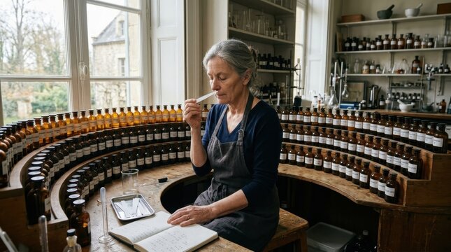 A master perfumer at a laboratory organ, hundreds of small brown glass bottles arranged in a curved multi-tiered rack before her, a blotter strip held to her nose with