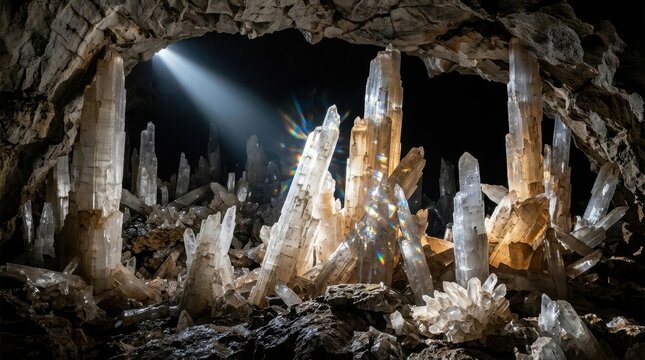 A subterranean cave chamber filled with enormous selenite crystal formations, translucent white and pale amber columns rising from the cave floor to the ceiling, a narrow