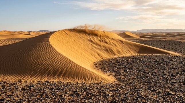 A kinetic sand dune field photographed in time-lapse aesthetic as a single frozen frame shows a crescent barchan dune mid-migration, its slip face a perfect concave slope