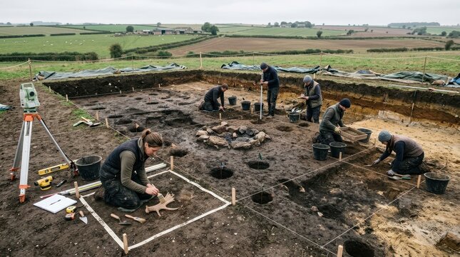 A controlled archaeological excavation of a Viking longhouse site, a team of six archaeologists at different stages of work across a large open trench, postholes and