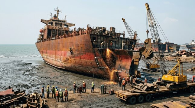 A massive container ship being broken apart at a coastal ship-breaking yard, the enormous rusting hull tilted at an angle on the tidal flat, workers in hard hats cutting