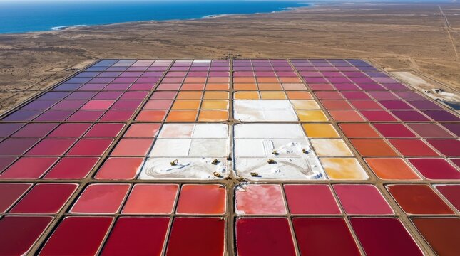 A large-scale salt evaporation complex photographed from the air at peak crystallisation season, geometric ponds in a grid of vivid colour from deep crimson and pink