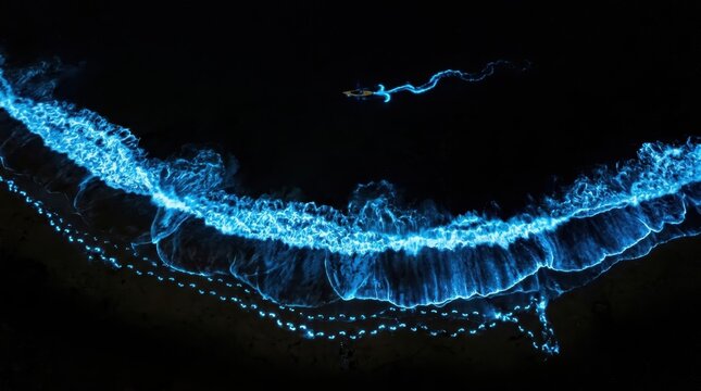 A bioluminescent plankton bloom in a warm bay photographed from directly above at midnight shows breaking waves illuminating the shoreline in electric blue fire, each