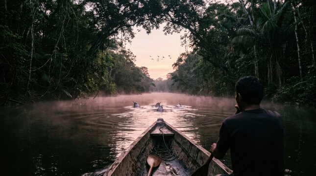 A remote Amazonian river tributary at dawn seen from a dugout canoe at water level, pink river dolphins breaking the surface twenty metres ahead leaving widening rings