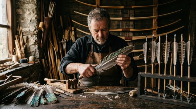 A traditional longbow fletcher splitting goose feathers for fletching at a wooden workbench, the iridescent feather barbs separating cleanly along the quill, a row of