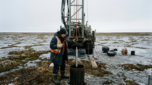A geophysicist lowering a borehole seismometer on a cable into a deep drill hole in Arctic permafrost, the drill rig structure above visible against a pale grey Arctic