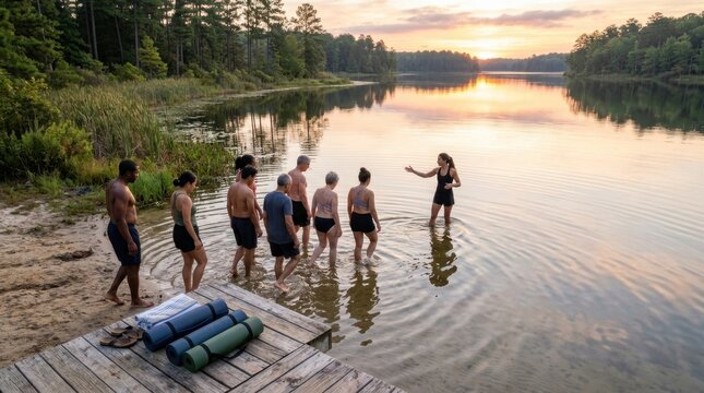 an overhead angle shot of the group entering the lake, focusing on the instructor guiding the diverse individuals. the neatly rolled yoga mat is visible in the foreground