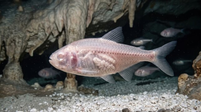 A cave-dwelling cavefish photographed in its natural limestone pool habitat shows the fish's translucent skin revealing internal organs and a spine of dark vertebrae
