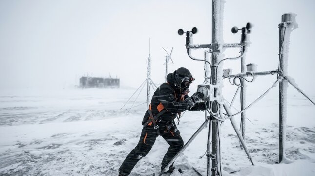 A high-altitude meteorological station on an exposed Antarctic plateau during a partial whiteout, the instrument array including anemometers radiosonde equipment and