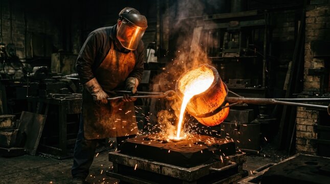 A bronze foundry worker pouring molten metal from a crucible into a sand casting mould, the pour creating a brilliant stream of liquid bronze glowing white-orange at its