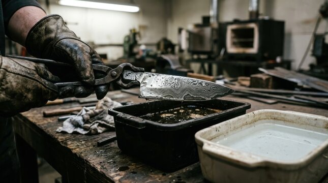 A traditional damascus steel blade is photographed at the final stage of acid etching, the craftsperson lifting the blade from an etching bath with tongs, the acid