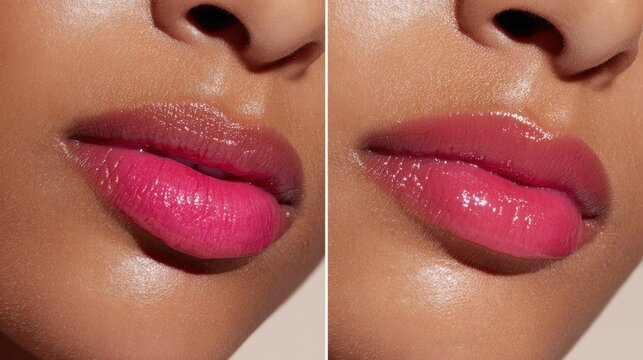 Close up of lips showing a comparison of different shades of pink lipstick.