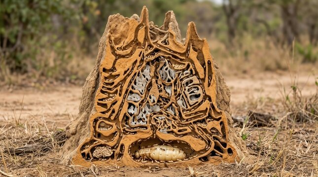 A vertical cross-section of a termite mound cut cleanly to reveal the interior architecture, the mound a metre and a half tall with its outer clay wall removed on one