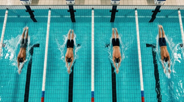 A group of free divers in a competition pool seen from directly above, four athletes simultaneously executing streamlined underwater dolphin kicks from the walls, their