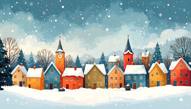 Winter Village Scene - Colorful Houses Under Snowfall.