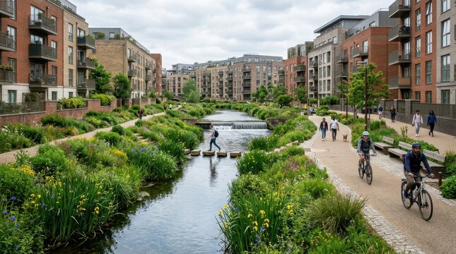 An urban drainage canal transformed into a linear park, a restored waterway with planted bioswale margins of native rushes iris and wildflowers channelling stormwater