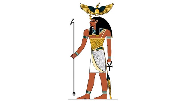 Ancient Egyptian pharaoh deity with double crown and golden staff illustration, pyramid backdrop