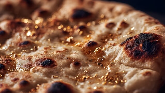 Close-up of Traditional Indian Naan Bread with Edible Gold Leaf and Ghee