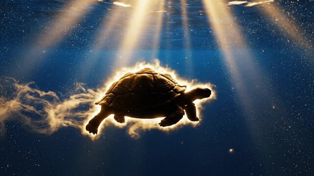 Kurma Jayanti, Underwater shot of a glowing celestial tortoise silhouette swimming through deep blue ethereal waters