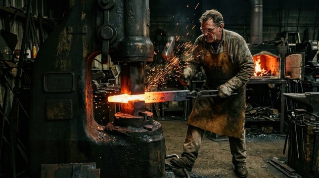 A master knife forger shapes a blade at a power hammer, the steel billet at critical forging temperature showing a bright orange-yellow at the working section