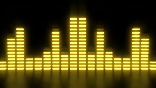 Yellow digital audio equalizer bars glowing on black background