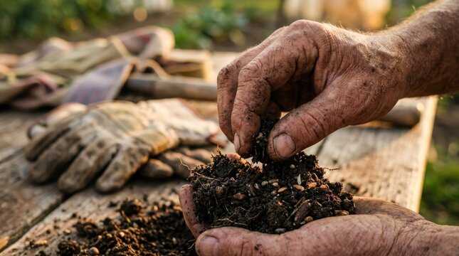 A weathered farmer's hands pressing freshly harvested dark soil between fingers, fine particles of earth catching golden afternoon light, rough skin textures and deep