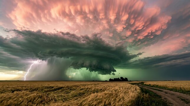 A supercell thunderstorm photographed from a flat prairie at dusk shows the storm's rotating wall cloud descending from the main updraft base, green-tinted sky beneath