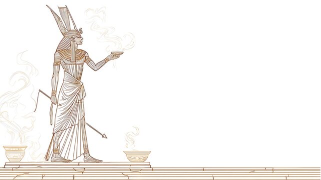 3d wireframe illustration of ancient egyptian pharaoh statue holding ankh symbol on pyramid base