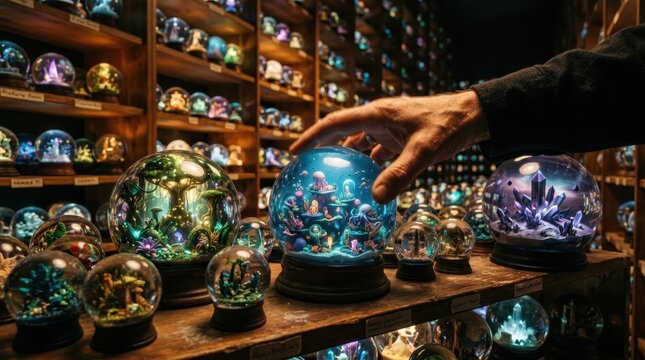A surreal archive of parallel universes stored as snow globes on infinite shelves, each globe containing a miniature fully realized alternate world, one showing a