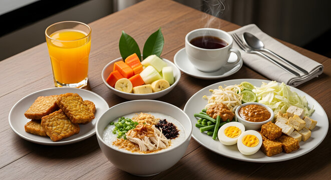 Delicious Indonesian Breakfast Asian Cuisine Spread Gado Gado Bubur Ayam Fresh Fruits Coffee Juice