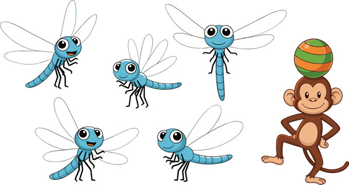 Cute cartoon dragonfly character set with flying poses and playful monkey balancing ball funny animal vector illustration collection