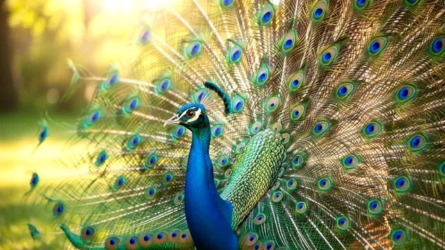 Majestic peacock displaying its vibrant feathers in a sunlit garden setting with blurred greenery