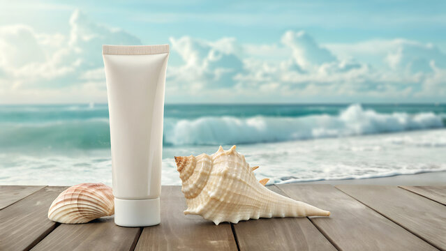 Blank white cosmetic tube mockup with sea shells on a wooden pier with a tropical beach and ocean background. Skin care product for sun protection, moisturizing lotion, or summer beauty concept. 
