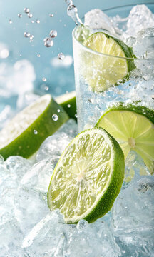 Refreshing summer drink with fresh lime slices and ice cubes on a light blue background. Close-up of a cold beverage with splashing water drops, showcasing a vibrant and chilled atmosphere.